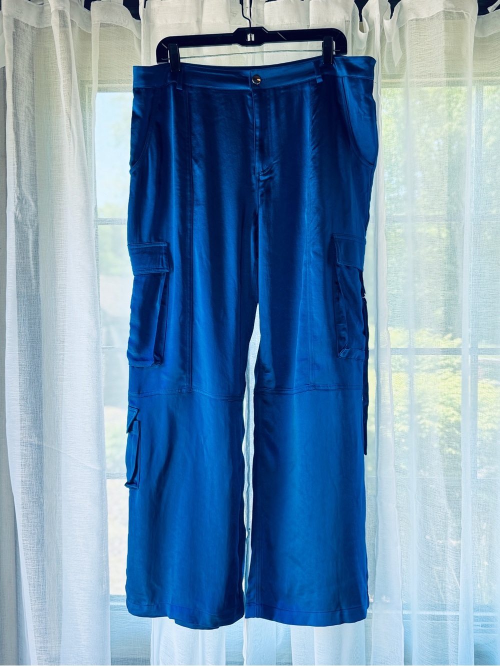 Intempo Blue Satin Cargo Wide Leg Pants Y2K Utility Streetwear Size Large
